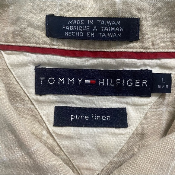 Tommy Hilfiger Beige White Plaid Pure Linen Short Sleeve Button Up - Picture 4 of 4